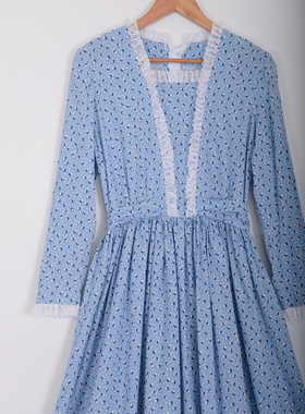 70s prairie county dress古着屋常见穿搭款蓝色花纹蕾丝简约耐看