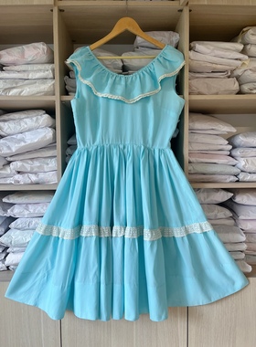 轻松可爱的一件大裙摆 水蓝色洋装 homemade from USA