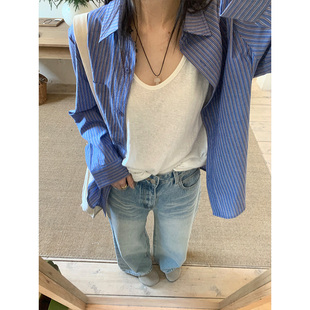 美式高街蓝色条纹纯棉衬衫女2026新款春夏韩系气质慵懒休闲外套潮