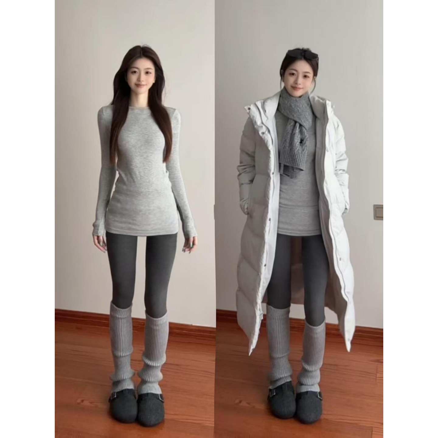 灰色中长款圆领长袖t恤女秋冬新款收腰显瘦保暖遮屁股打底上衣服