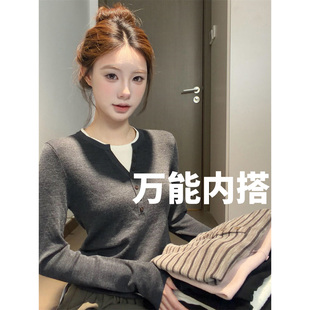 显瘦气质绝美上衣服 女秋冬修身 miu系复古撞色v领假两件长袖 针织衫