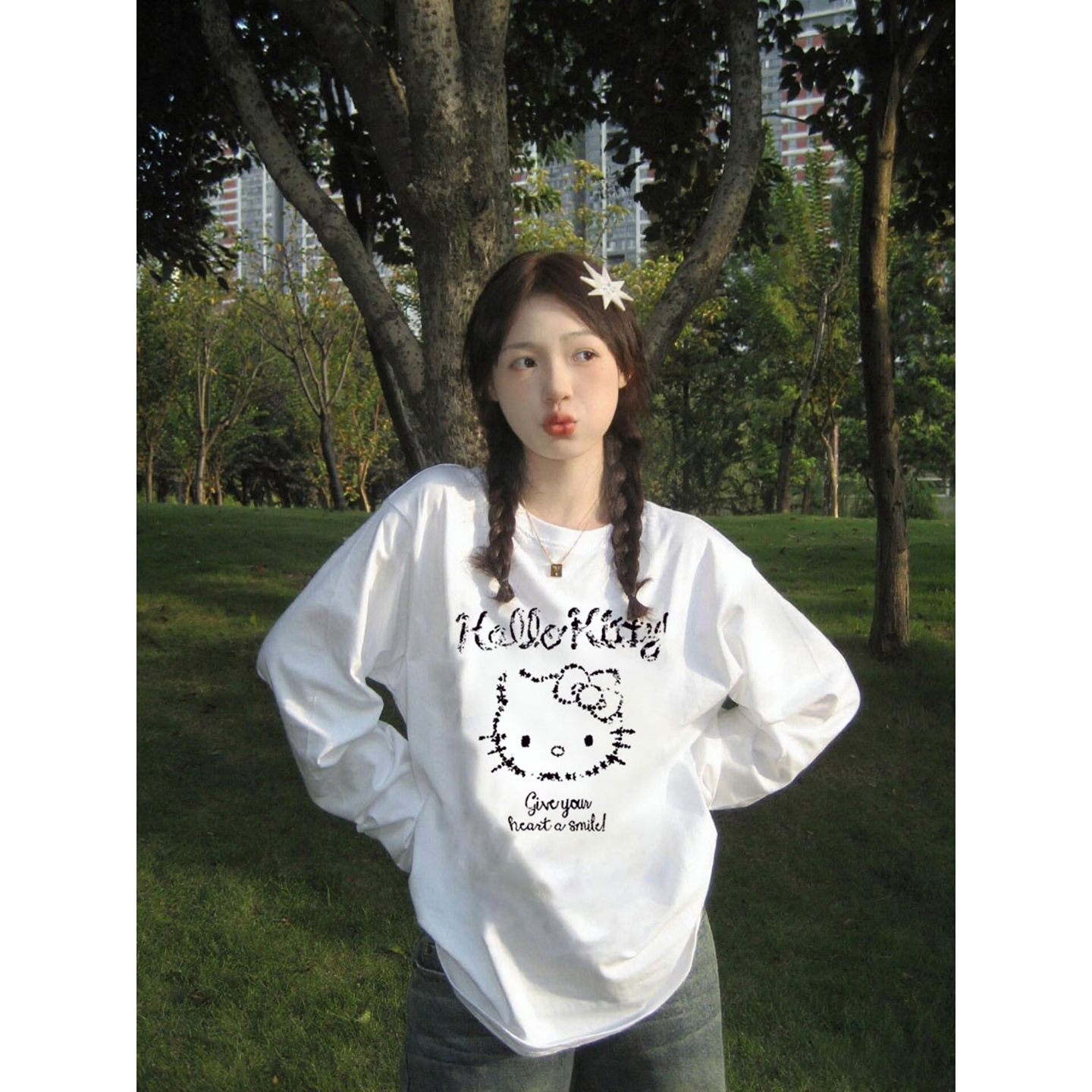 美式kitty猫印花纯棉长袖t恤女