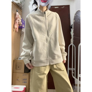 美式立领加绒加厚拉链卫衣外套女秋冬宽松显瘦百搭运动开衫上衣服