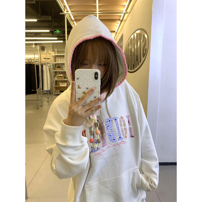 国潮牌字母贴布刺绣连帽白色卫衣