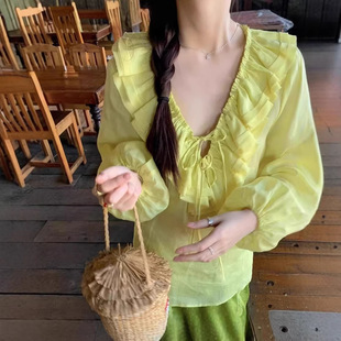 柠檬黄衬衫女款2026年新款春装长袖苎麻宽松小个子上衣小众V领