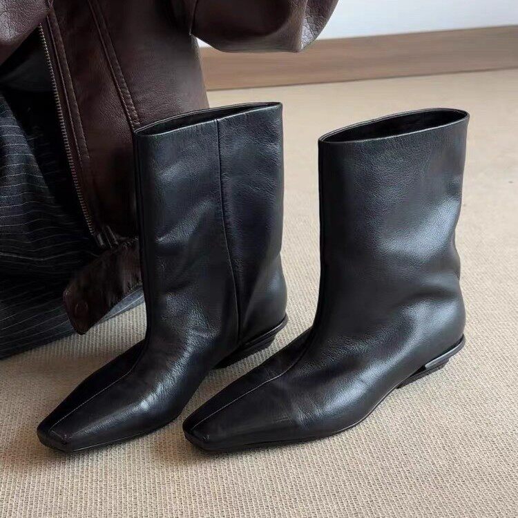 牛皮版~韩版显瘦百搭方头粗跟马丁靴套筒瘦瘦靴短靴女切尔西靴子