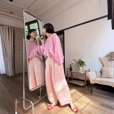 2025夏季新品花茶苎麻小衫小重工设计感小众衬衫法式上衣女夏娃娃