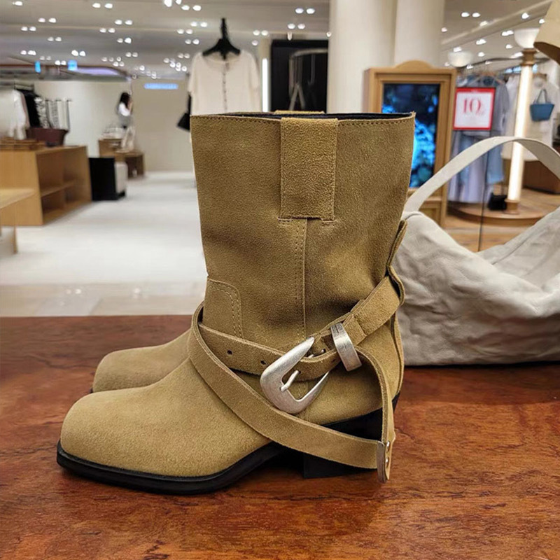 韩版小众交叉带绒面粗跟方头西部牛仔靴皮带扣马丁靴短靴中筒靴女