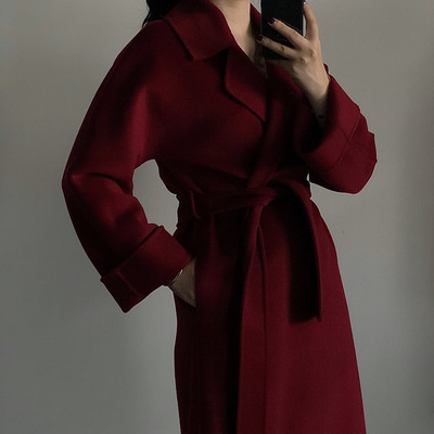 新品经典风结婚新款秋冬红色双面羊绒大衣女毛呢外套女中长款呢子