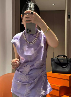 宫廷风新品冠乐皱小上衣新中式垂感蝶恋花立领褶皱蝴蝶紫短袖上