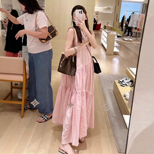 海边长裙粉色度假风背心连衣裙女2026春夏甜美蛋糕亚麻棉吊带长裙