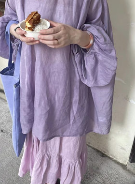 夏复古日系紫色苎麻衬衫藏蓝色碎花半裙女微胖MM大码女装
