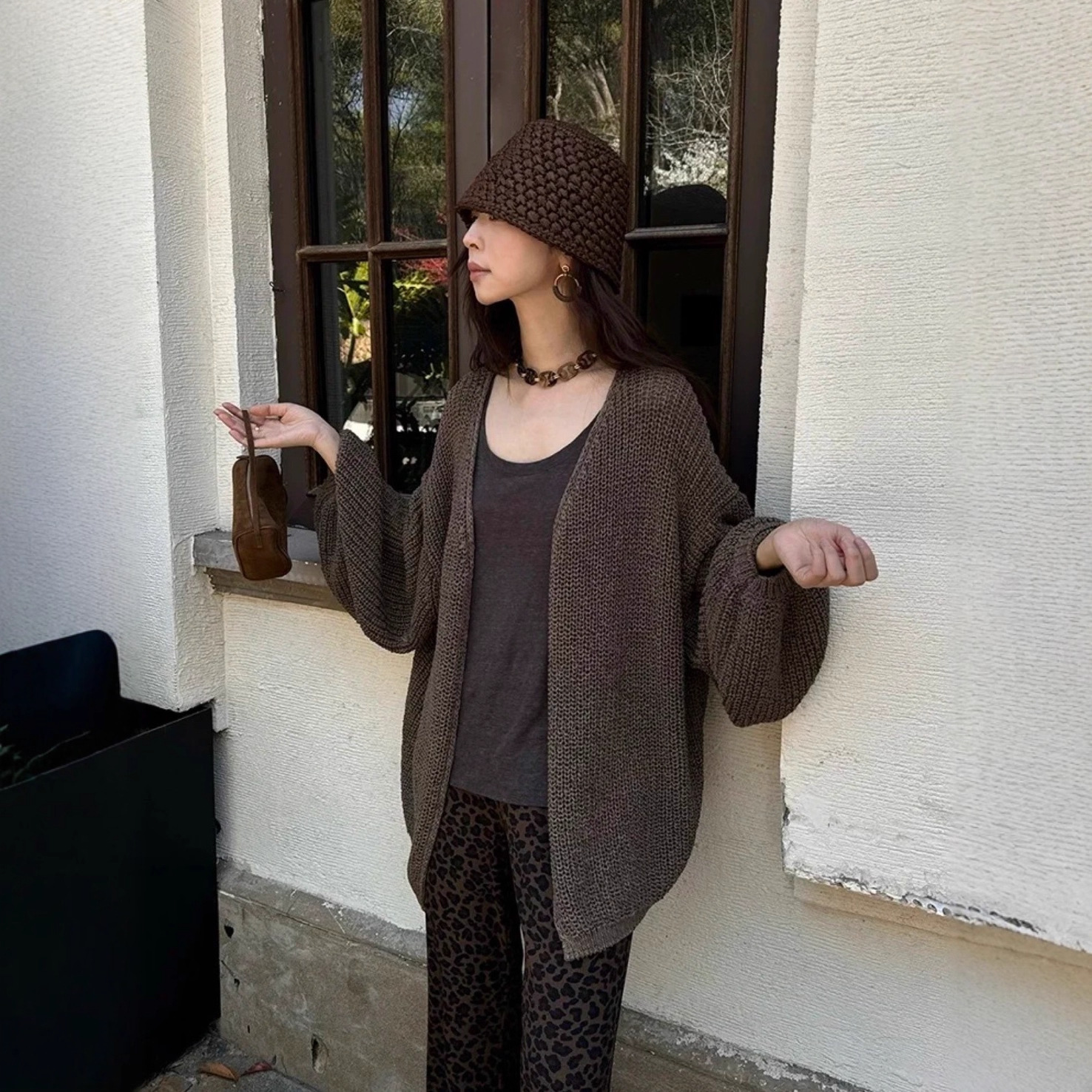 曼蒂粗棒针织 2025早秋新品 小众设计 灯笼袖垂坠空气感廓形开衫