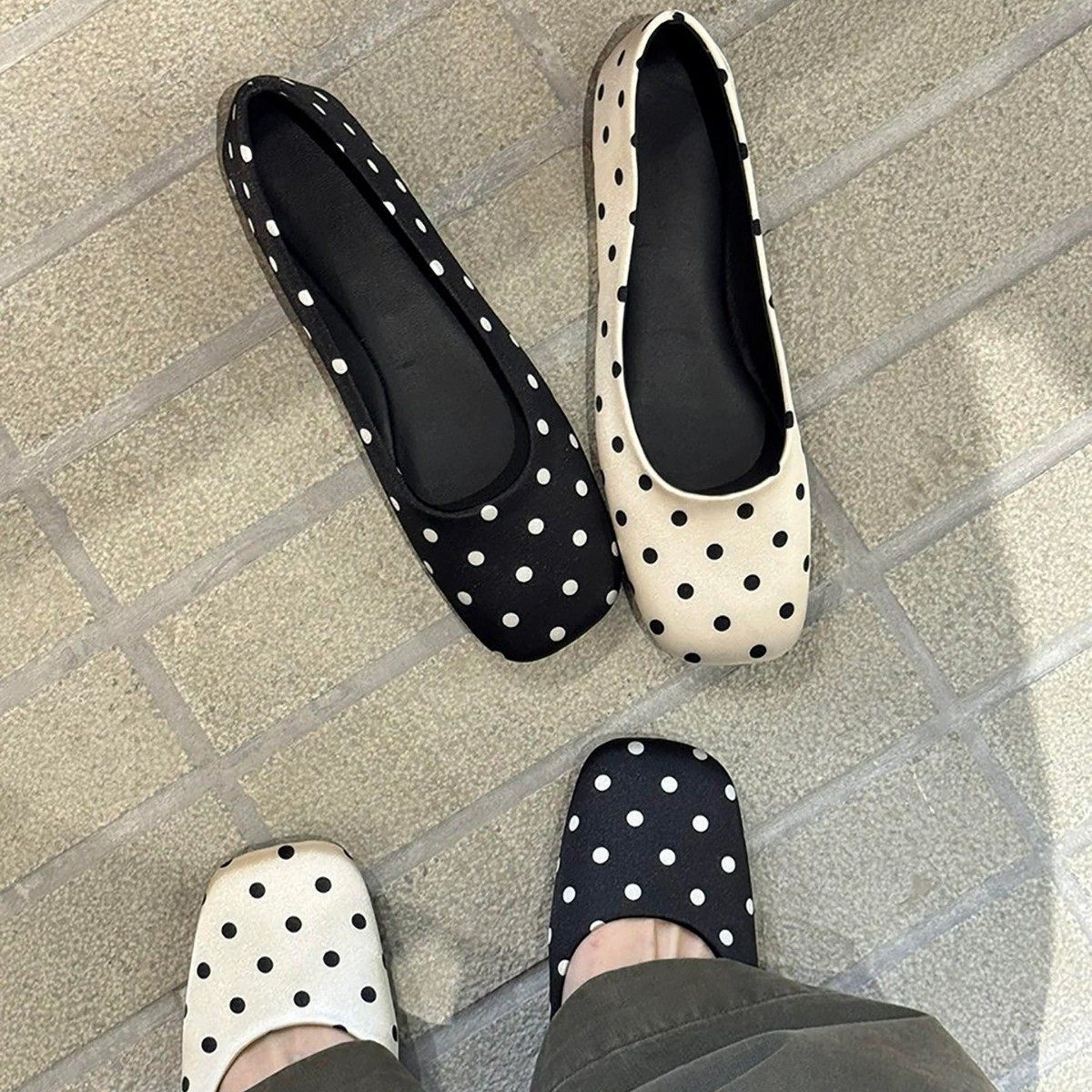 羊皮版~韩版绸缎黑白波点方头浅口平底芭蕾舞鞋女2026年春季单鞋,女鞋,浅口单鞋,淘宝优惠券,粉丝福利购,淘宝优惠卷