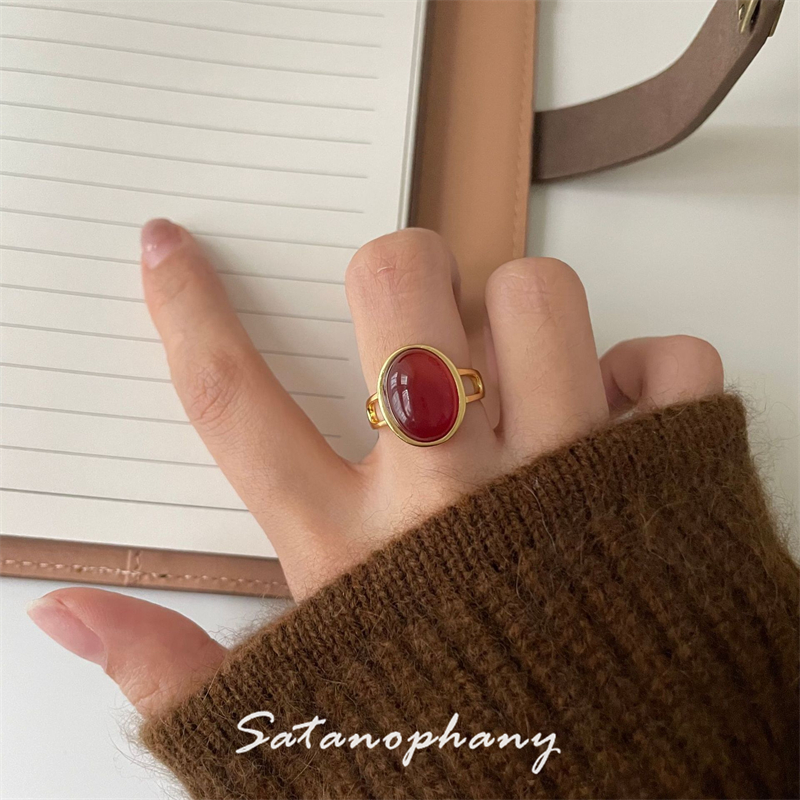 简约复古法式红玛瑙纯银开口戒指