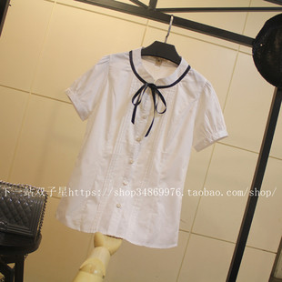 包邮夏季新品 韩版小熊丝带立领弧度花边短袖全棉修身衬衫衬衣