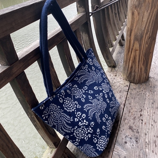 乌镇特产蓝印花布手工布艺w包女士手提包蜡染背包时尚民族风布包
