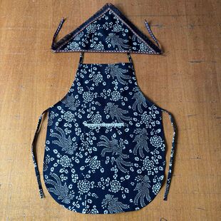 民族风围裙套装纯棉蓝花布挂脖围兜农家乐采茶围腰幼儿园半身围裙