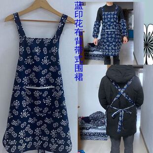 纯棉蓝花布背带围裙农家乐酒店服务员民族风围兜成人家务围裙套装