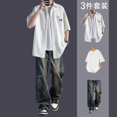 fromwrting 华夫格短袖衬衫男士夏季港风感帅气休闲搭配一套痞帅