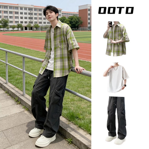 fromwrting 夏季格子衬衫套装男生青少年潮流短袖休闲运动穿搭