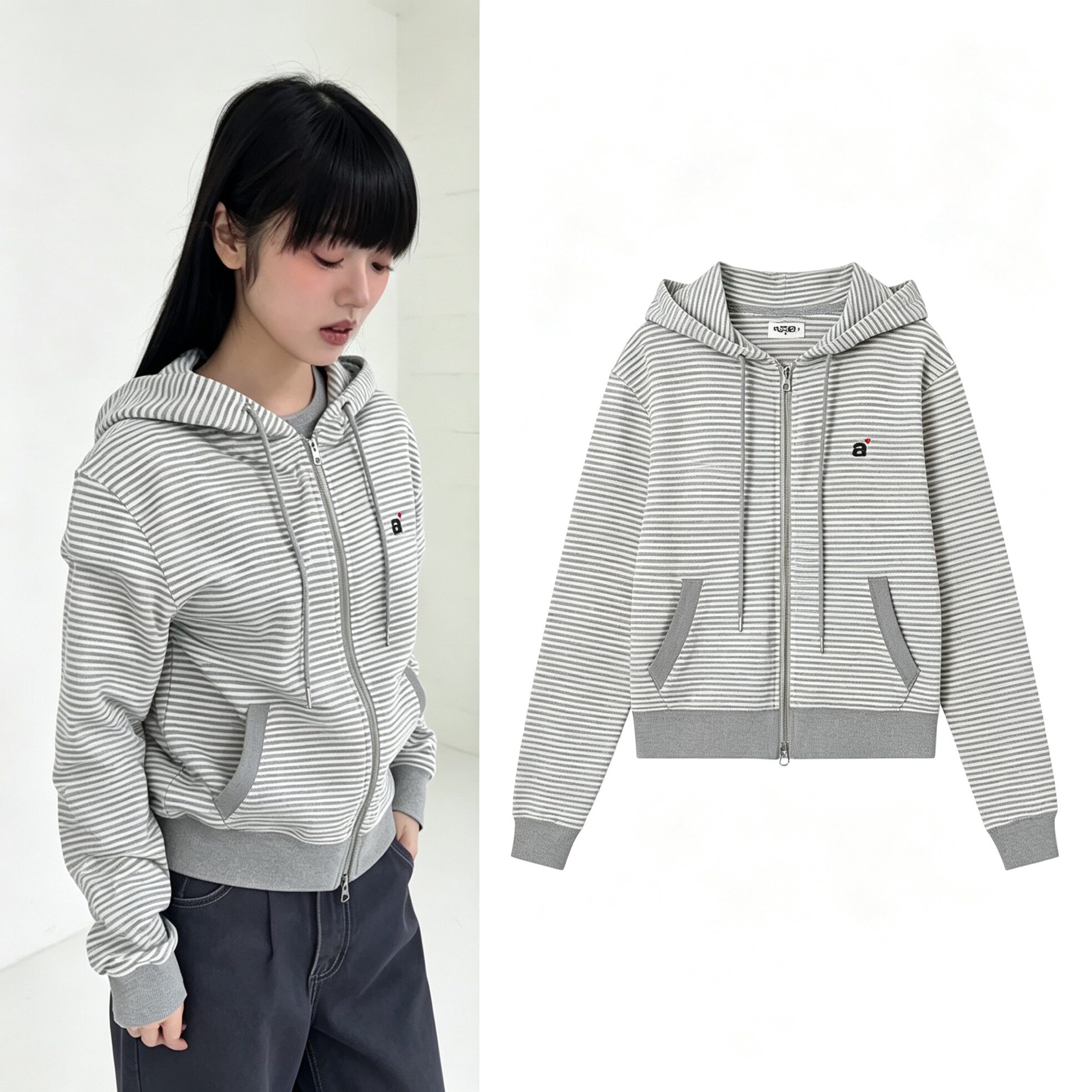 韩系小众aeae条纹刺绣轻亚美萌连帽开衫新款显瘦男女卫衣长袖帽衫