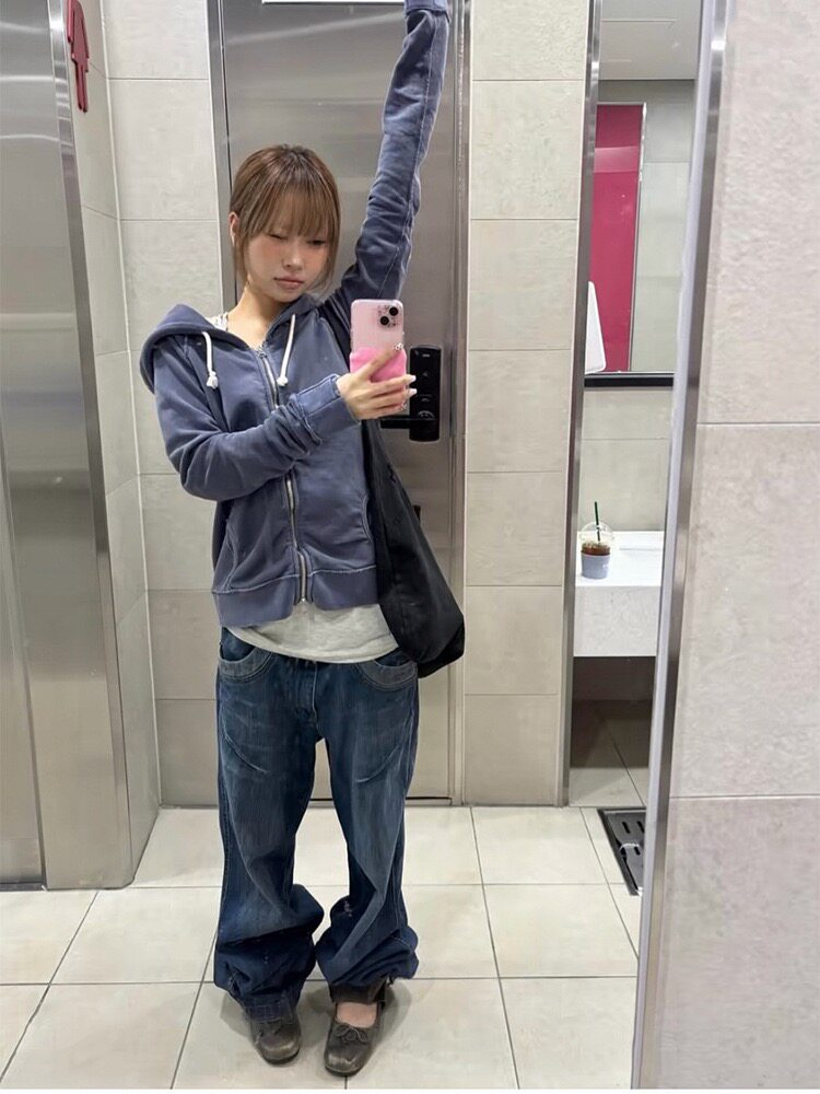 韩系faer*e水洗做旧连帽卫衣开衫春秋男女情侣抽绳拉链外套ins风