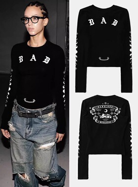 现货badblood美式复古做旧字母印花长袖T恤女修身显瘦打底衫上衣