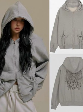 韩国gila archive星星翅膀系带拉链连帽卫衣ins风 宫胁咲良同款