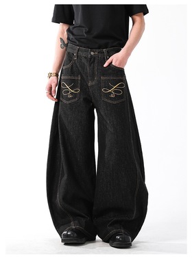 In Gemini Code美式复古刺绣设计感牛仔裤男女baggy阔腿弯刀裤子