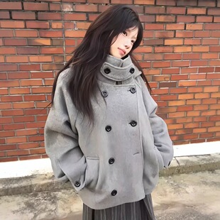 现货kya同款羊毛立领连帽双排扣毛呢大衣女秋冬韩系厚外套女ins