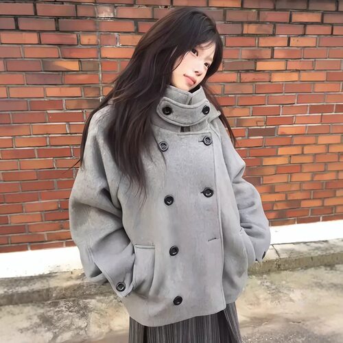 现货kya同款羊毛立领连帽双排扣毛呢大衣女秋冬韩系厚外套女ins