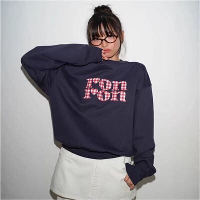 现货韩系R*n 小众休闲少女格纹波点字母印花圆领卫衣男女ins潮