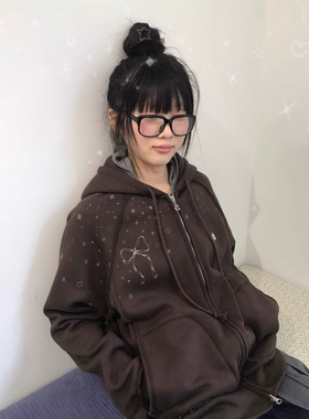 韩版现货coyseio蝴蝶结星星印花连帽卫衣毛边设计拉链衫外套ins