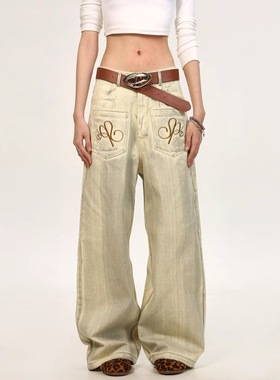 In Gemini Code美式复古反穿脏脏牛仔裤女水洗做旧刺绣阔腿裤男女