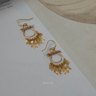 JWOO原创设计山月浪漫优雅进口14K注金纯手工高级感流苏耳环女