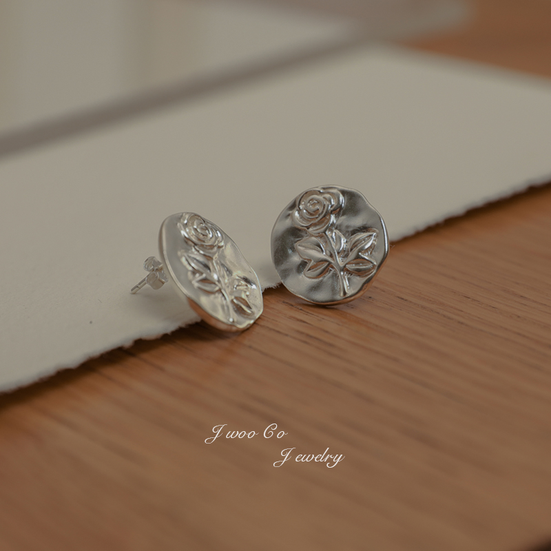 复古风浮雕植物纯银防过敏耳钉