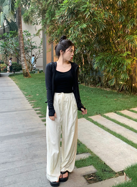 大眼自制Large eye灰色阔腿裤夏季薄款高腰拖地垂感小个子休闲裤