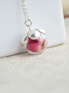 原创红玫瑰永生花纯银项链