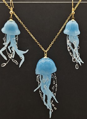 原创蓝色水母软陶项链耳环套装
