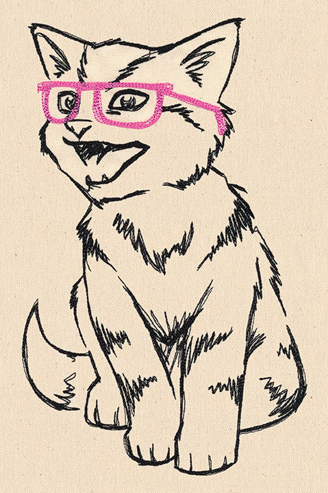 戴眼镜的小猫绣花刺绣文件单线简化动物系列电脑绣花刺绣原文件