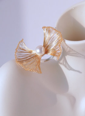 蝴蝶结戒指女设计师原创手工925银可调节珍珠气质百搭时尚个性