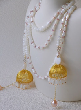 原创设计贝壳珍珠项链长链子复古流苏璎珞百搭气质耳环吊坠两用