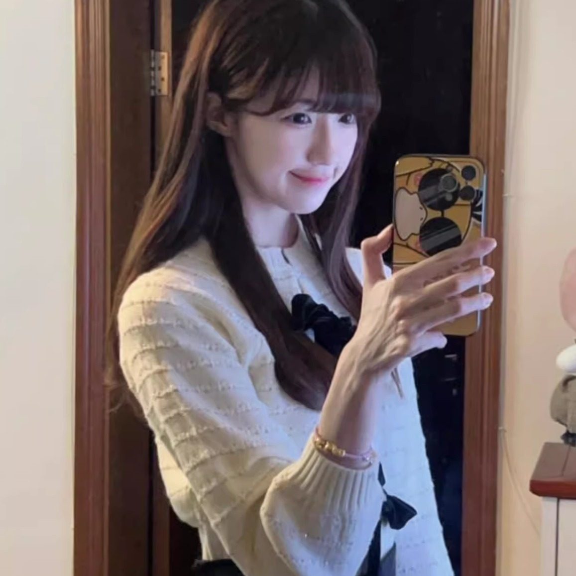 哚琦琦 LB家日系丝绒丝带蝴蝶结针织开衫