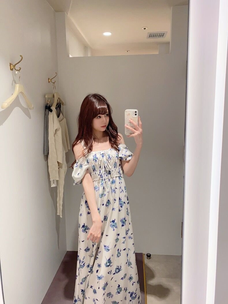 哚琦琦 日系L家春夏新品甜美印花一字肩2穿抽褶连衣裙
