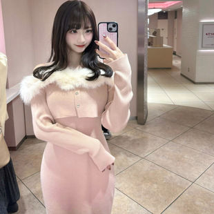 哚琦琦/小众设计日系清楚系露肩修身显瘦千金感针织连衣裙毛衣裙