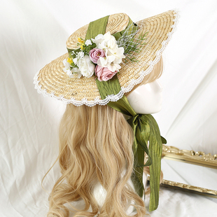原创汉洋折衷洛丽塔优雅Lolita扁草帽洛丽塔古典头饰花朵大檐帽