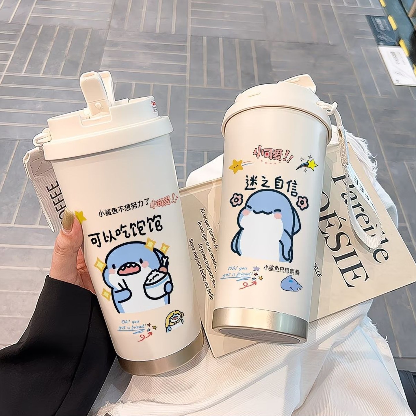 可爱卡通小鲨鱼保温杯双