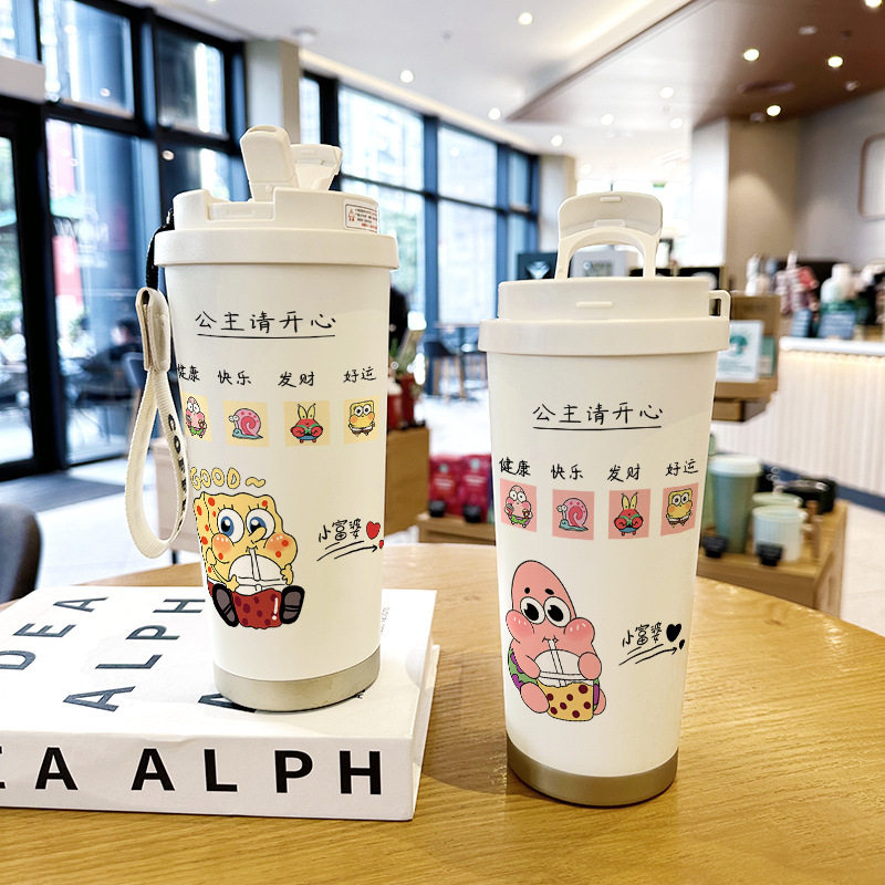 海绵宝宝水杯大容量学生保温杯派大星情侣新款女双饮口吸管咖啡杯