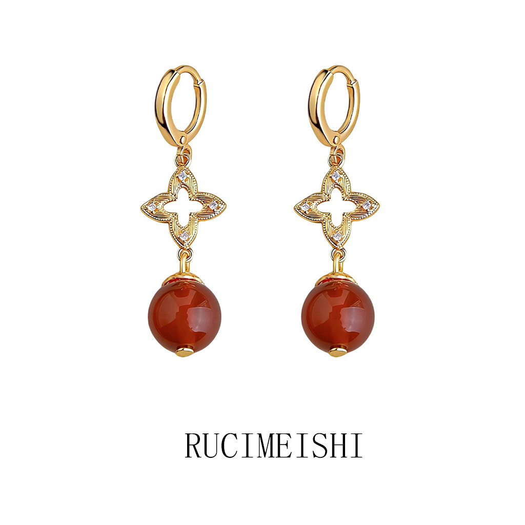 天然石红玛瑙高级感微镶锆石文艺复古老花纹新款手工耳环耳饰女